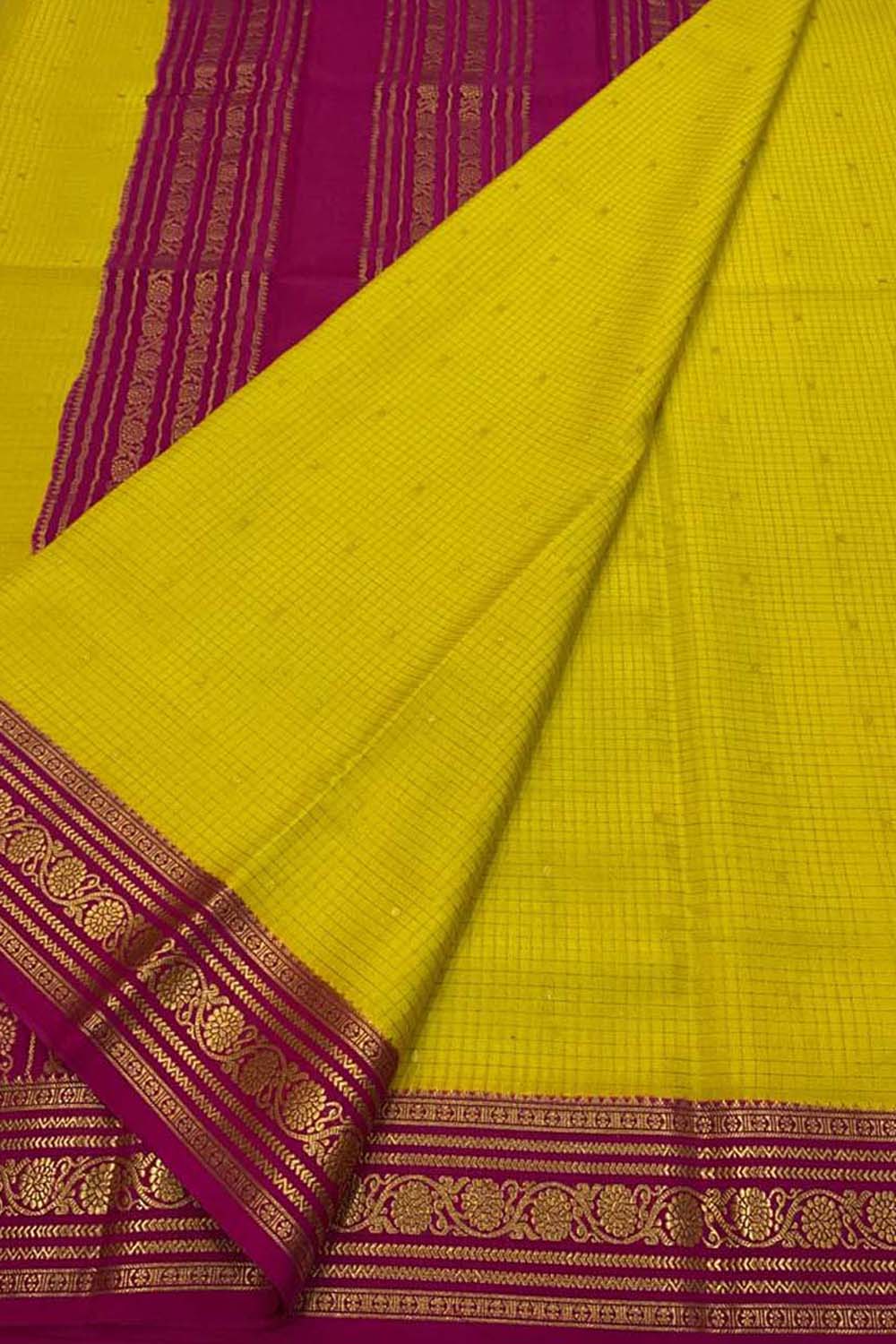 Vibrant Yellow & Pink Mysore Silk Saree - Luxurion World