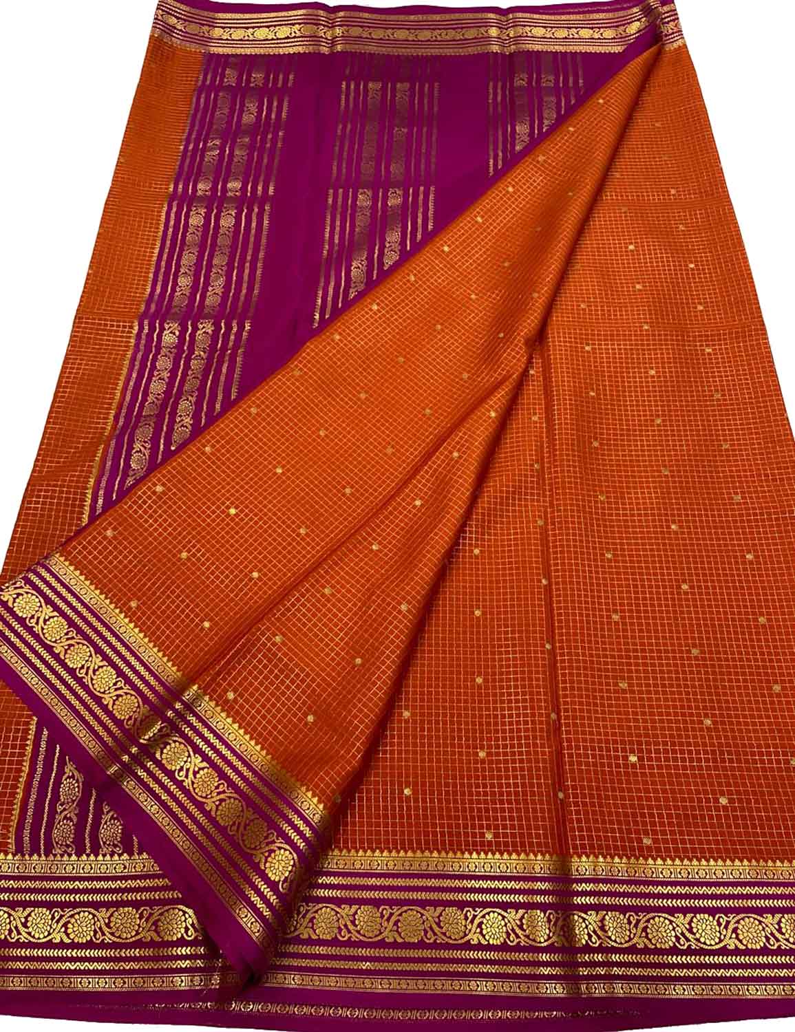 Vibrant Orange & Pink Mysore Handloom Crepe Silk Saree - Luxurion World