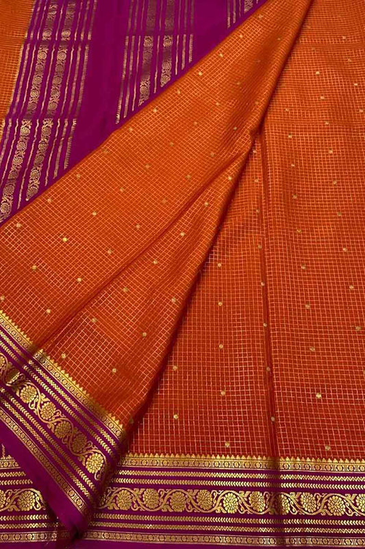 Vibrant Orange & Pink Mysore Handloom Crepe Silk Saree