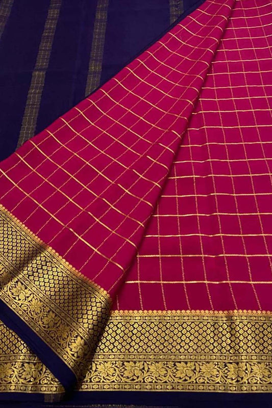 Exquisite Pink & Blue Mysore Handloom Crepe Silk Saree - Luxurion World