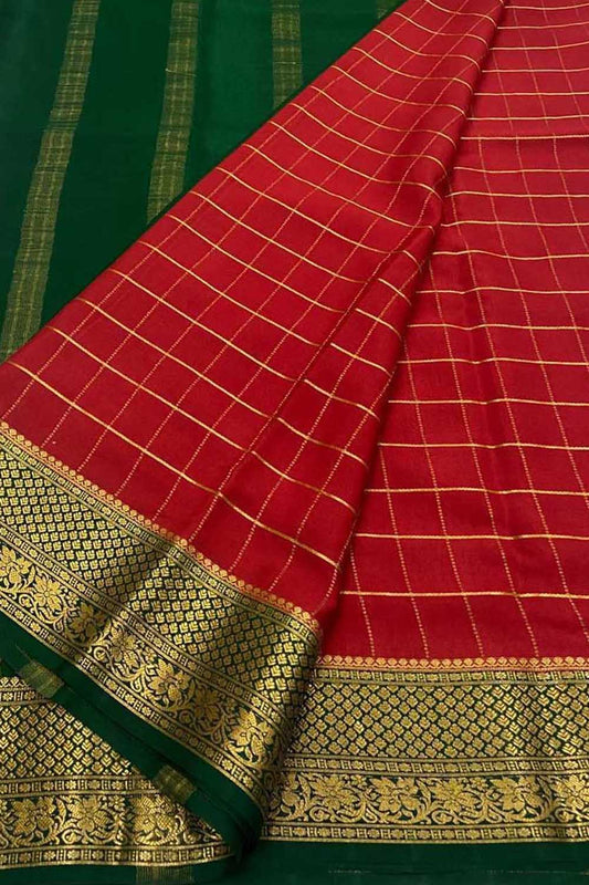 Vibrant Red & Green Mysore Handloom Pure Crepe Silk Saree