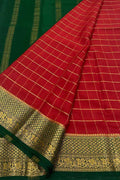 Vibrant Red & Green Mysore Handloom Pure Crepe Silk Saree - Luxurion World