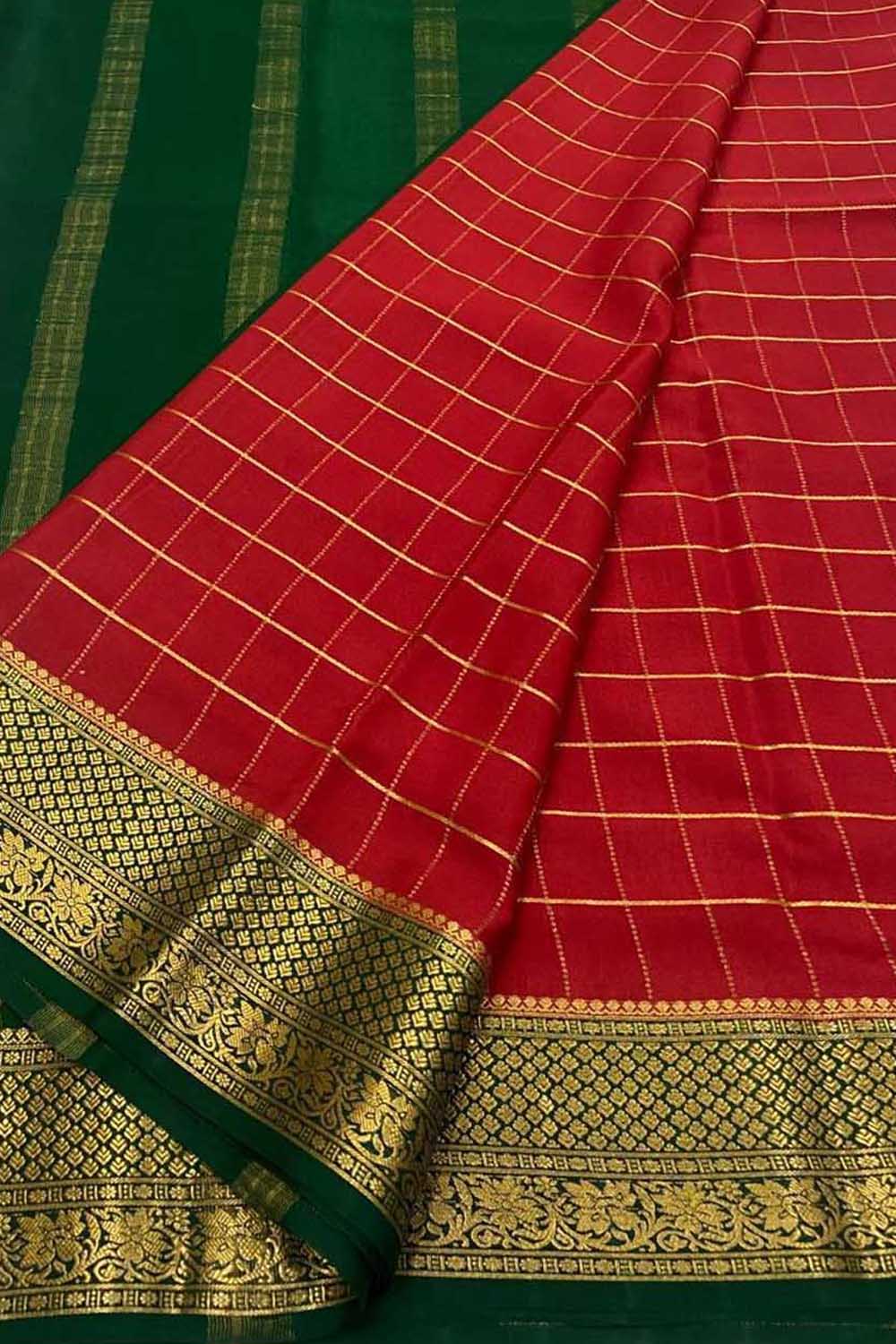 Vibrant Red & Green Mysore Handloom Pure Crepe Silk Saree - Luxurion World