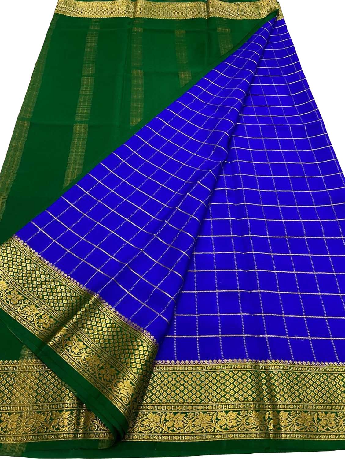 Exquisite Blue & Green Mysore Handloom Crepe Silk Saree - Luxurion World