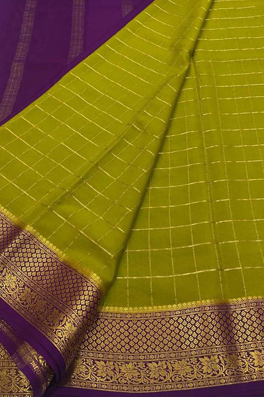Green & Purple Mysore Silk Saree - Handloom Crepe - Luxurion World