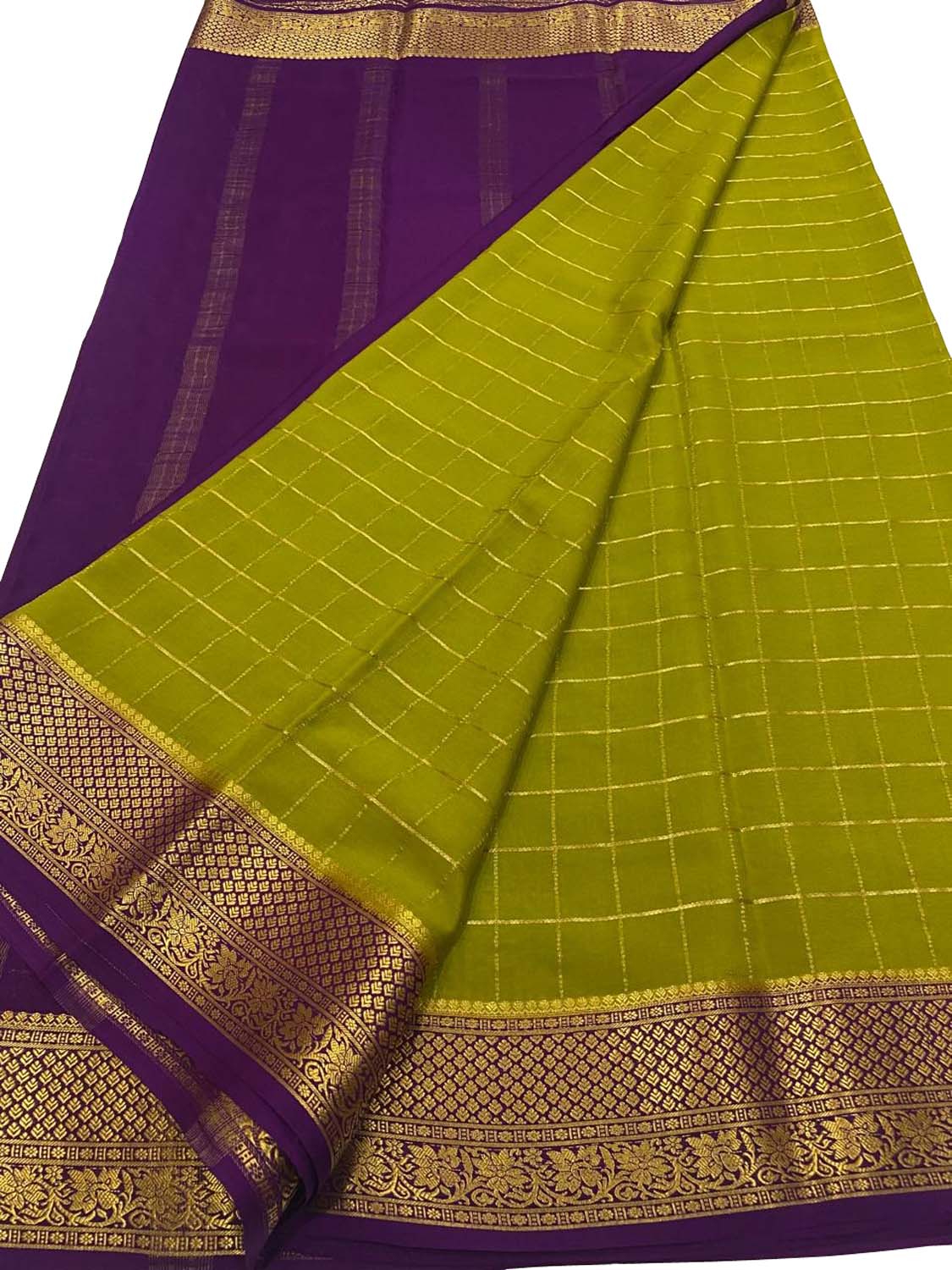 Green & Purple Mysore Silk Saree - Handloom Crepe - Luxurion World