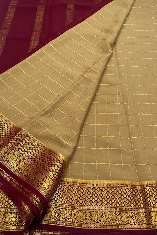 Pastel And Maroon Mysore Handloom Pure Crepe Silk Saree