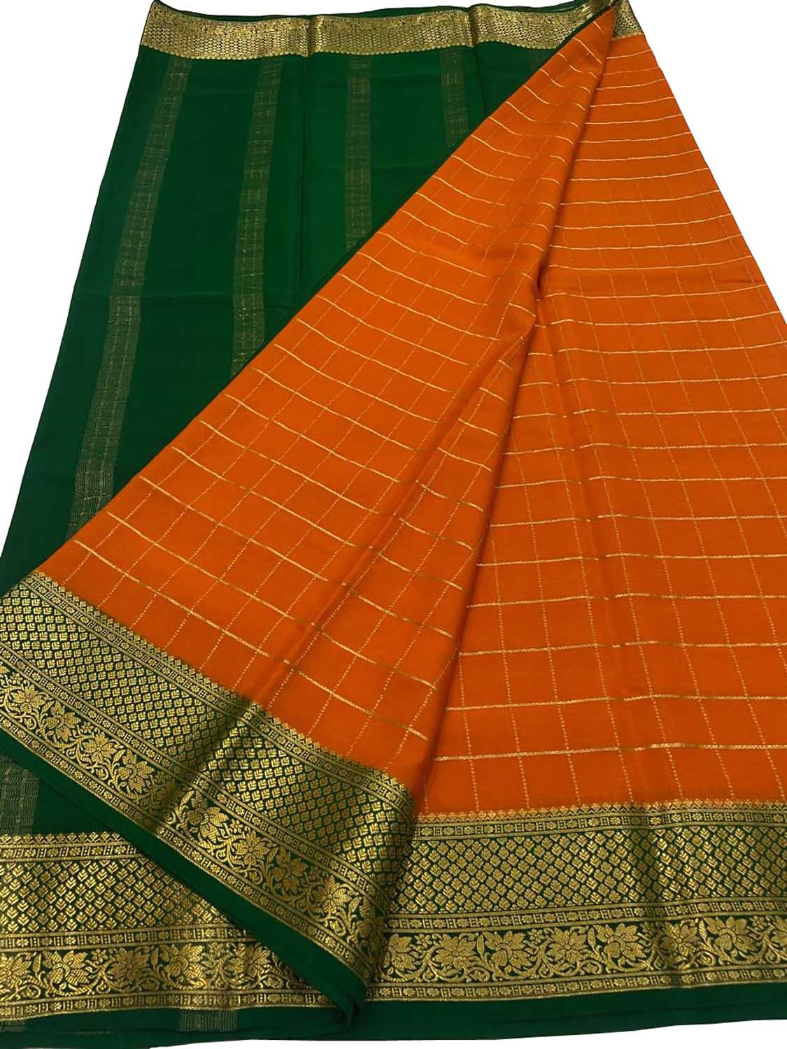 Vibrant Orange & Green Mysore Silk Saree - Luxurion World