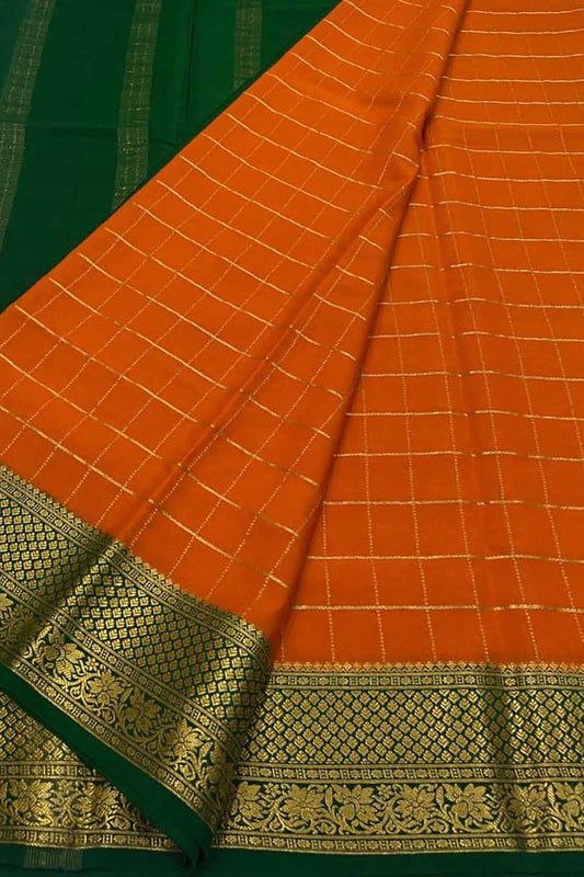 Orange And Green Mysore Handloom Pure Crepe Silk Saree