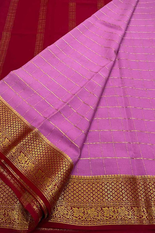 Stunning Pink & Red Mysore Handloom Crepe Silk Saree - Luxurion World
