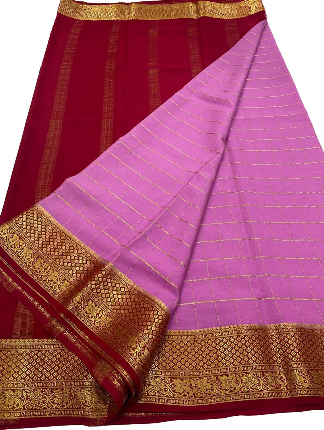 Stunning Pink & Red Mysore Handloom Crepe Silk Saree - Luxurion World