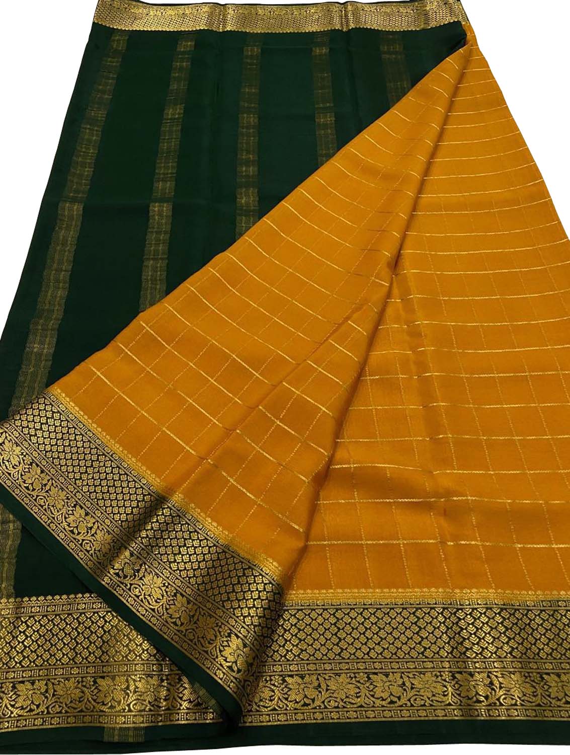 Yellow & Green Mysore Handloom Pure Crepe Silk Saree - Luxurion World
