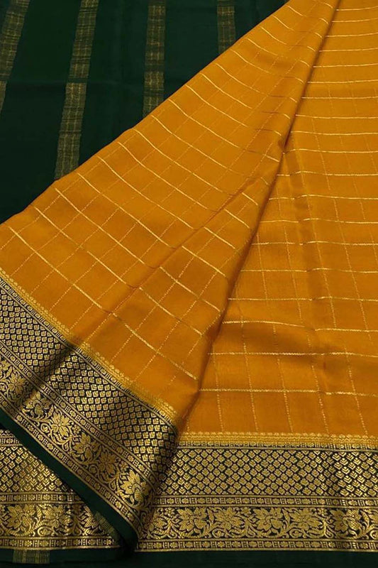 Yellow & Green Mysore Handloom Pure Crepe Silk Saree - Luxurion World