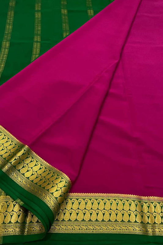 Exquisite Pink & Green Mysore Handloom Silk Saree - Luxurion World
