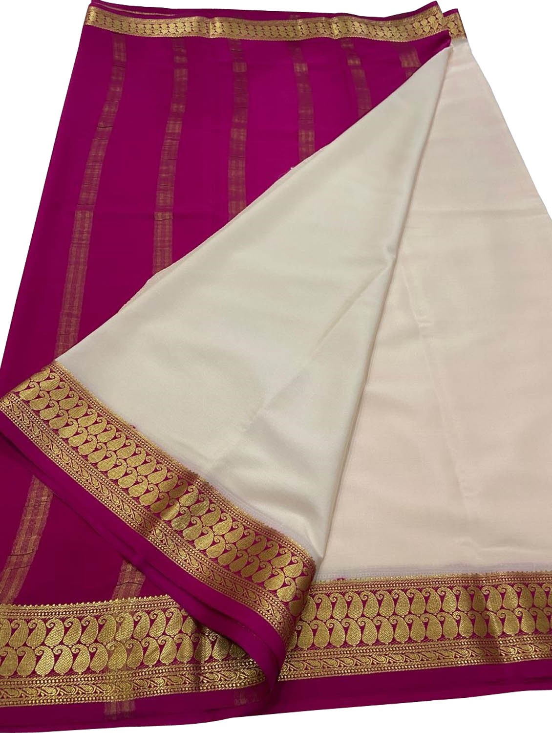 Elegant Off White & Pink Crepe Silk Saree - Luxurion World