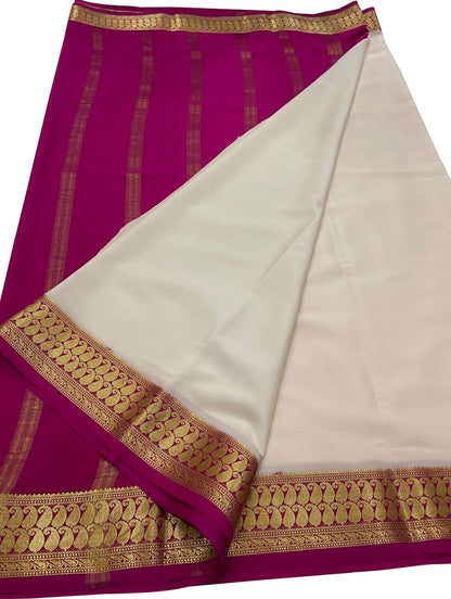 Elegant Off White & Pink Crepe Silk Saree - Luxurion World