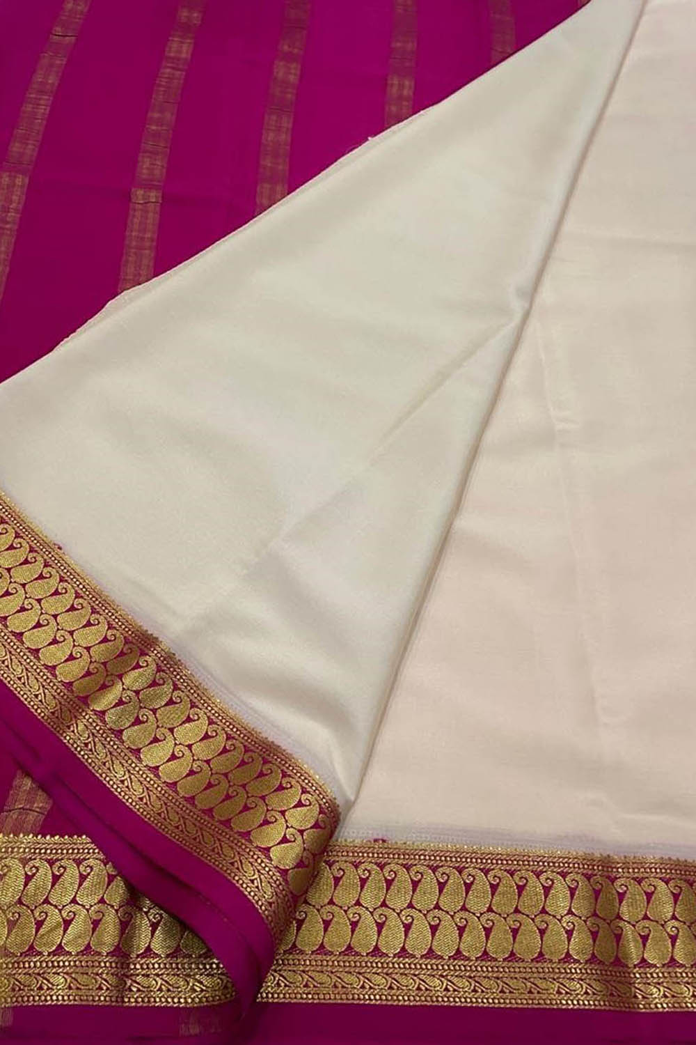 Elegant Off White & Pink Crepe Silk Saree - Luxurion World