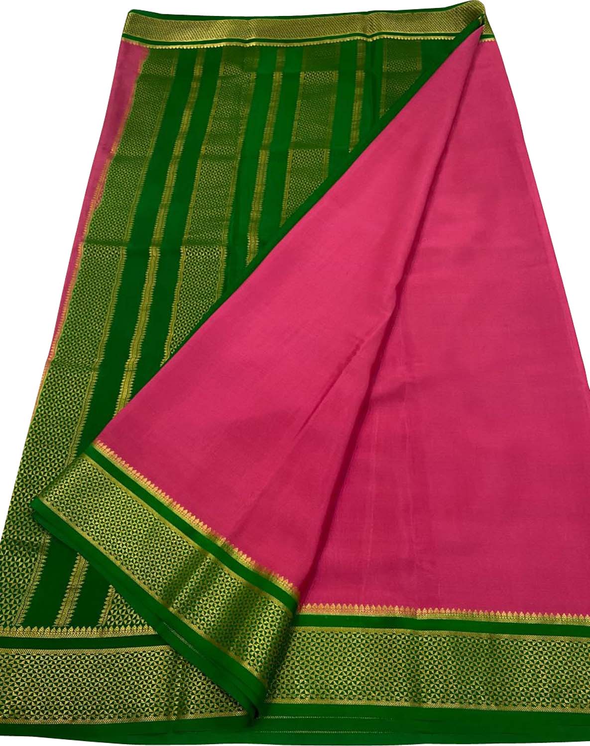 Exquisite Pink & Green Mysore Handloom Crepe Silk Saree - Luxurion World