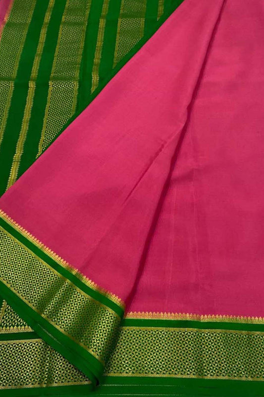 Exquisite Pink & Green Mysore Handloom Crepe Silk Saree - Luxurion World