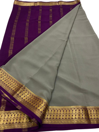 Black And Purple Mysore Handloom Pure Crepe Silk Saree - Luxurion World