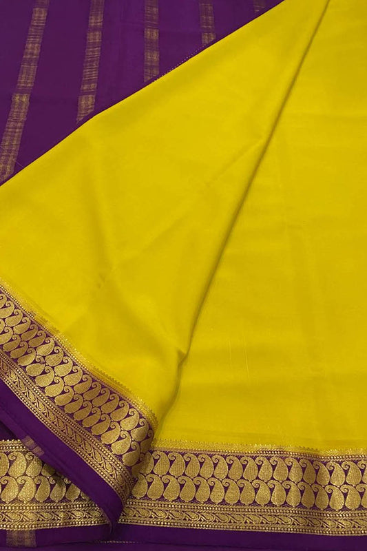 Yellow And Purple Mysore Handloom Pure Crepe Silk Saree - Luxurion World