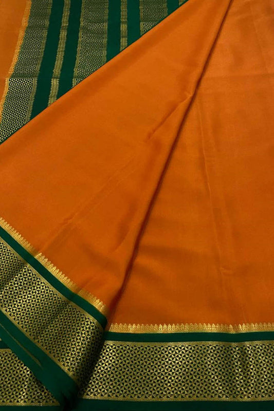 Vibrant Orange & Green Mysore Handloom Crepe Silk Saree - Luxurion World