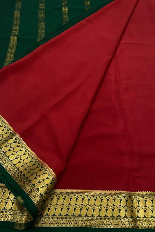 Red And Green Mysore Handloom Pure Crepe Silk Saree - Luxurion World