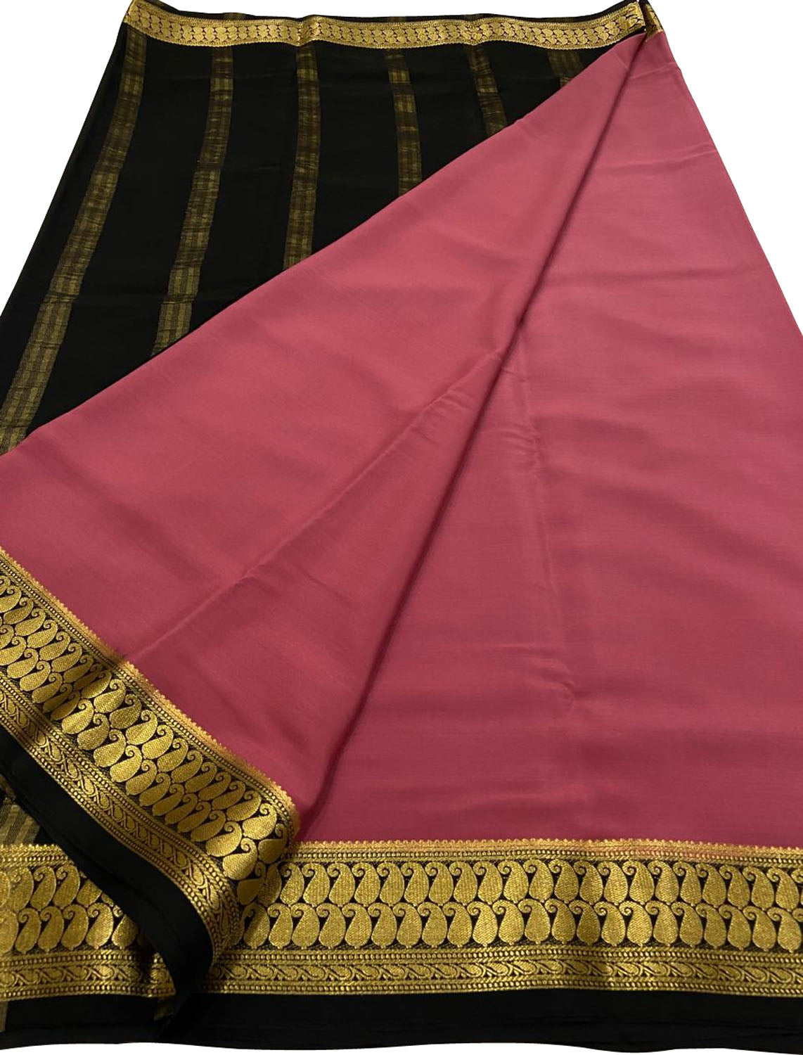 Pink And Black Mysore Handloom Pure Crepe Silk Saree - Luxurion World