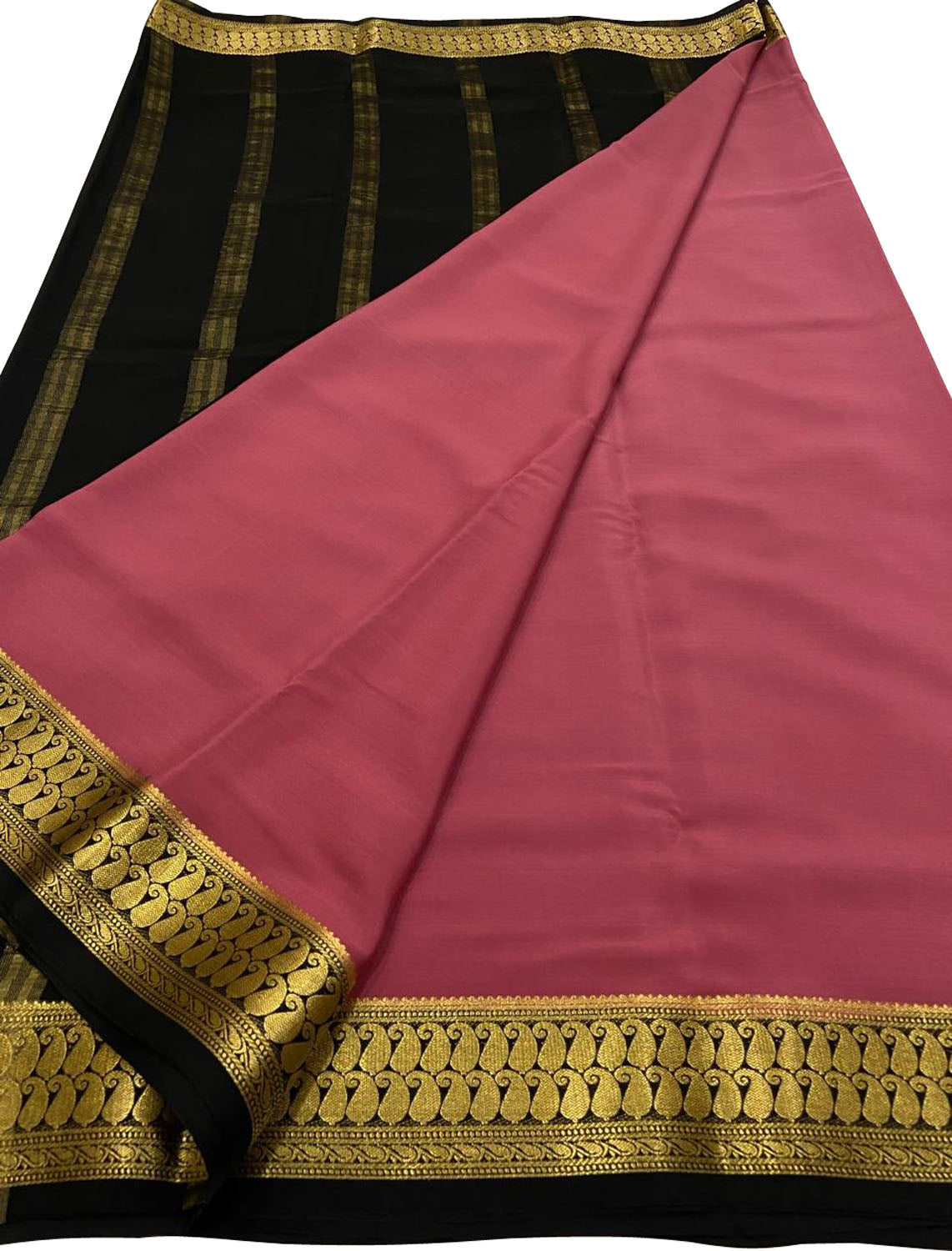Stunning Pink & Black Crepe Silk Saree - Handloom Mysore - Luxurion World