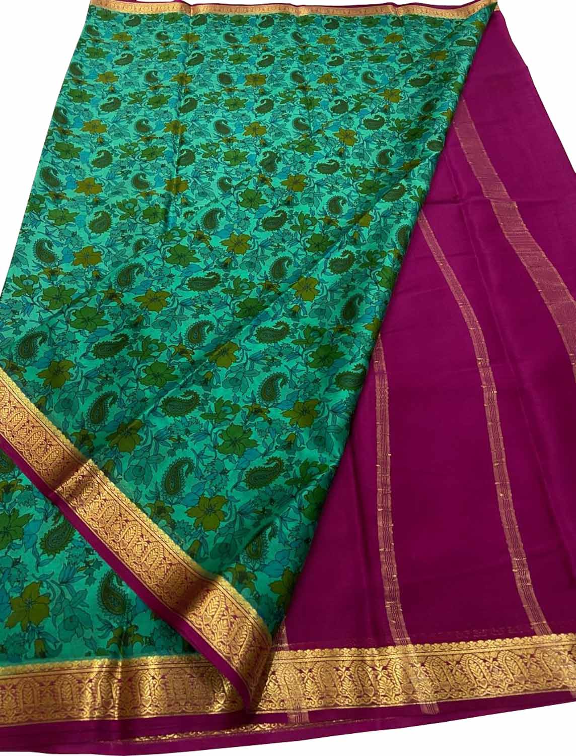 Green & Pink Mysore Handloom Crepe Saree - Luxurion World