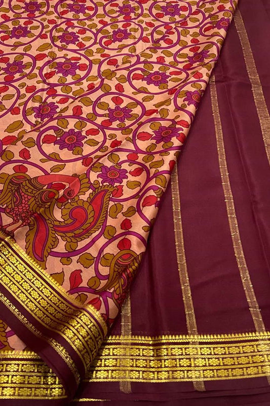 Pink And Maroon Mysore Handloom Pure Crepe Digital Printed Saree