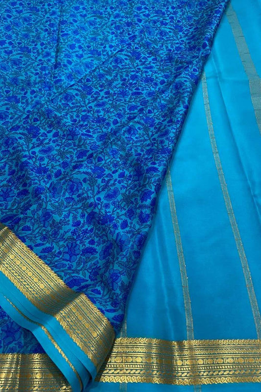 Blue Mysore Handloom Crepe Saree with Digital Print - Luxurion World