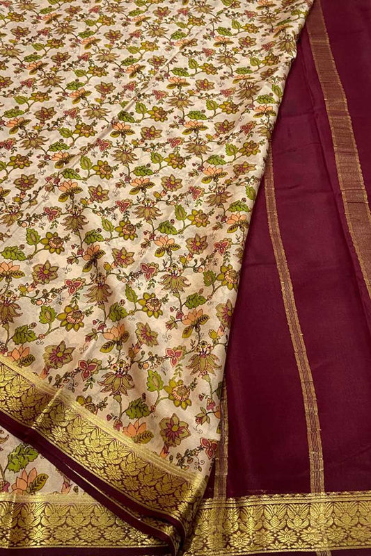 Pastel And Maroon Mysore Handloom Pure Crepe Digital Printed Saree