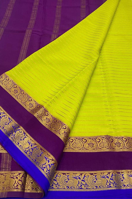Stunning Green & Purple Mysore Handloom Crepe Silk Saree