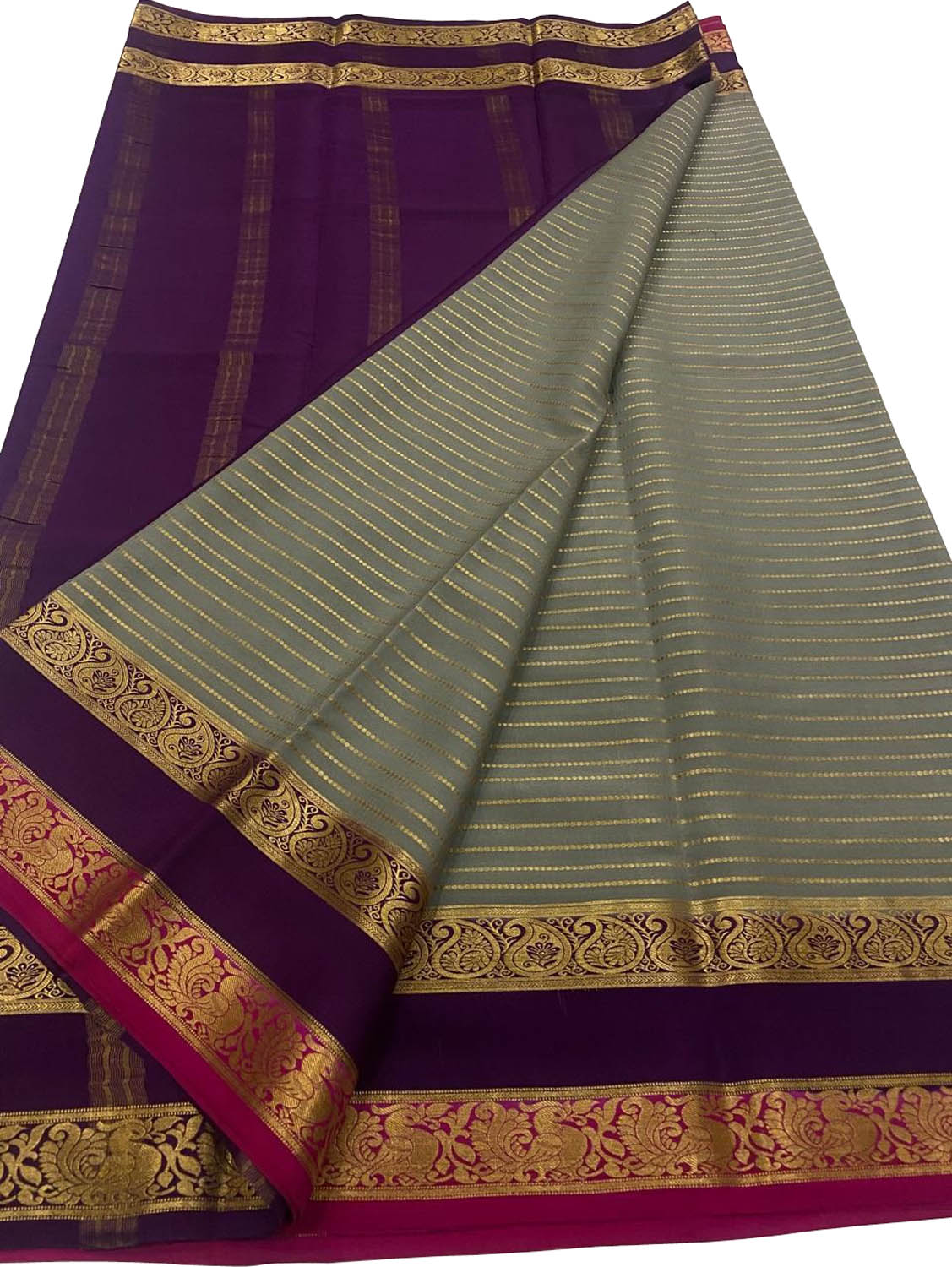 Elegant Grey & Purple Crepe Silk Saree - Luxurion World
