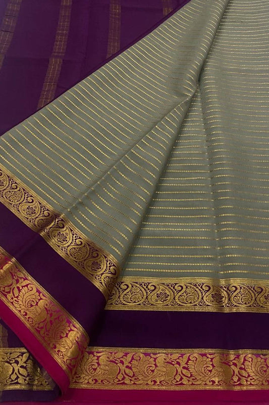 Grey And Purple Mysore Handloom Pure Crepe Silk Saree