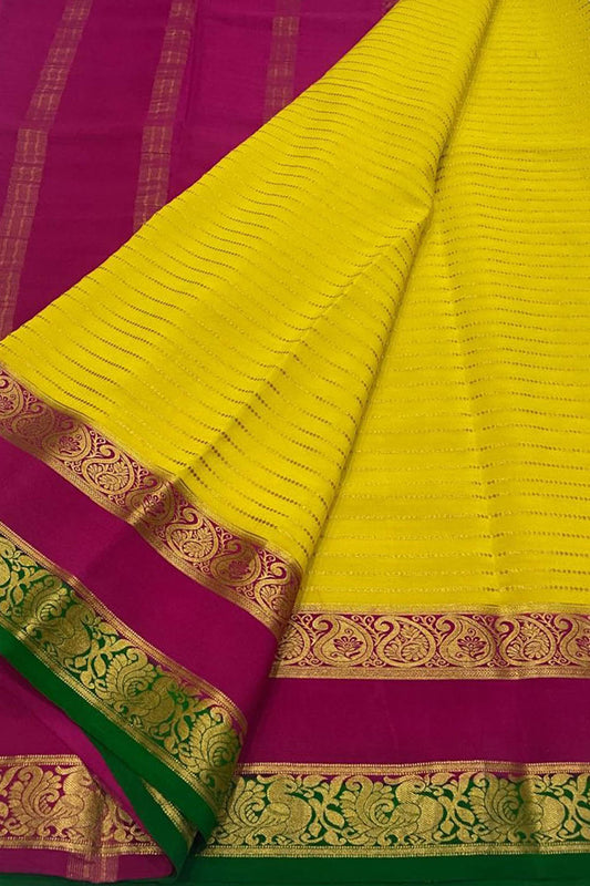 Yellow & Pink Mysore Handloom Crepe Silk Saree
