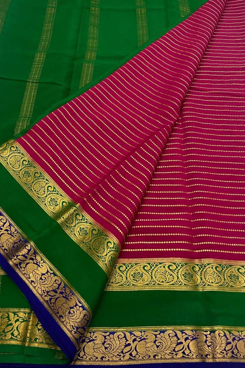Stunning Pink & Green Mysore Crepe Silk Saree - Luxurion World