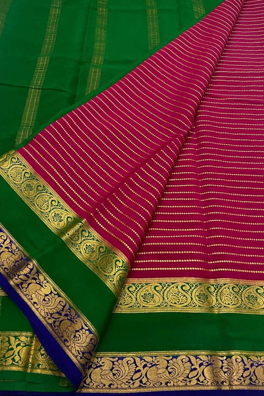 Stunning Pink & Green Mysore Crepe Silk Saree