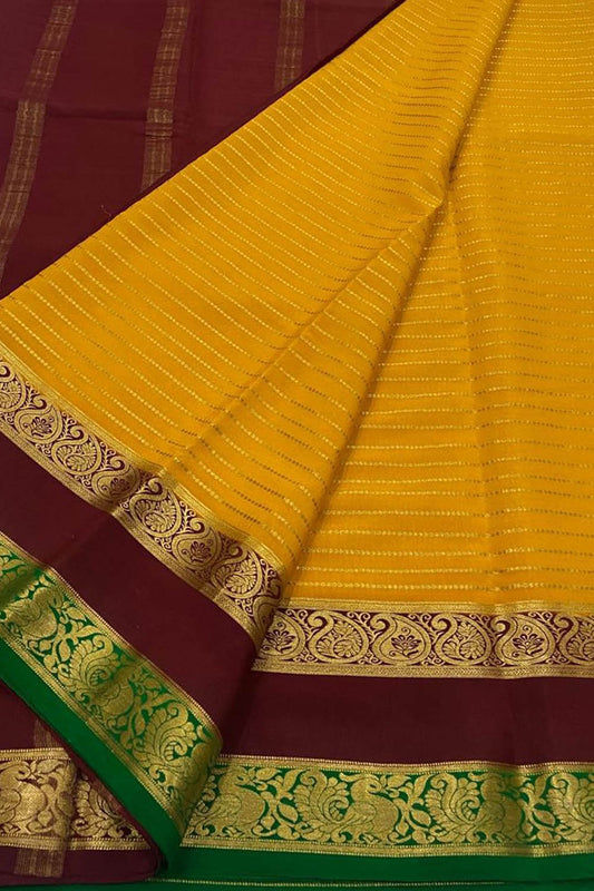 Stunning Yellow & Maroon Mysore Handloom Crepe Silk Saree