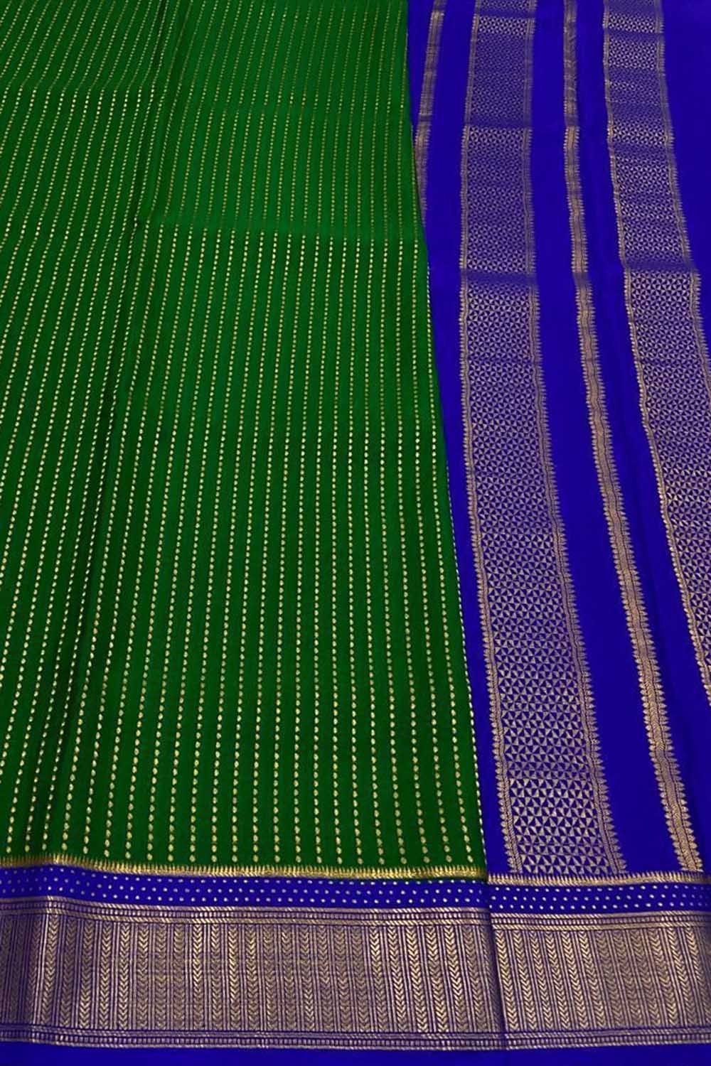 Stunning Green & Blue Mysore Crepe Silk Saree - Luxurion World