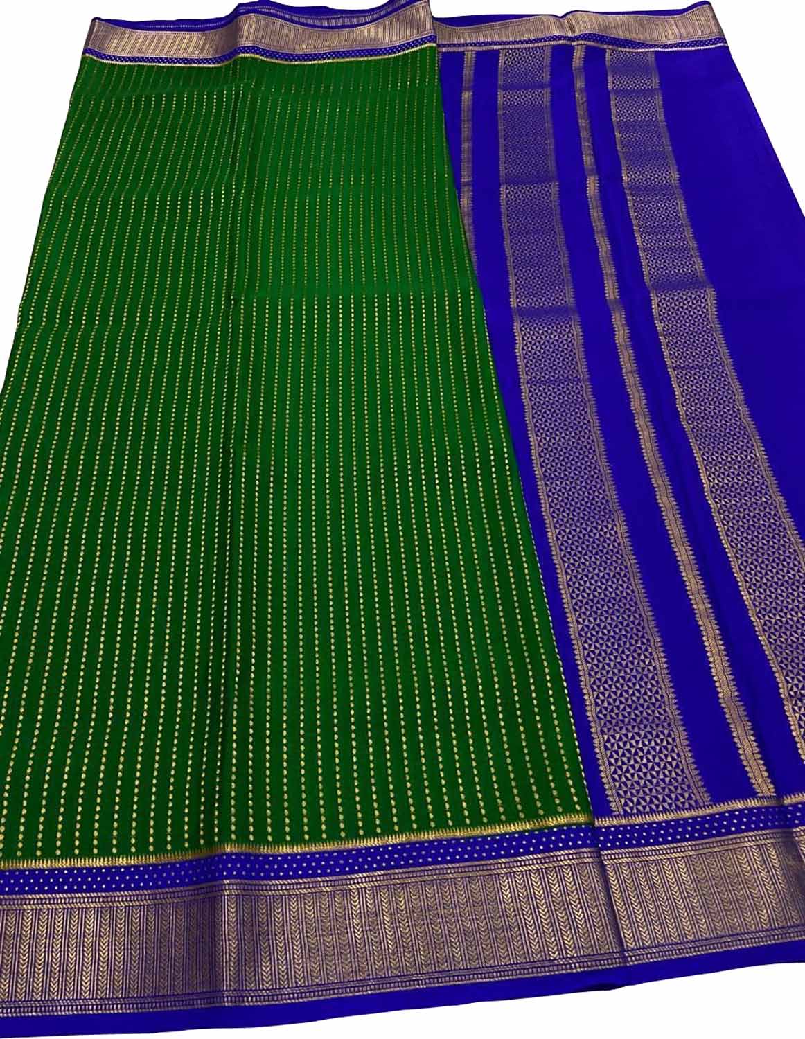 Stunning Green & Blue Mysore Crepe Silk Saree - Luxurion World