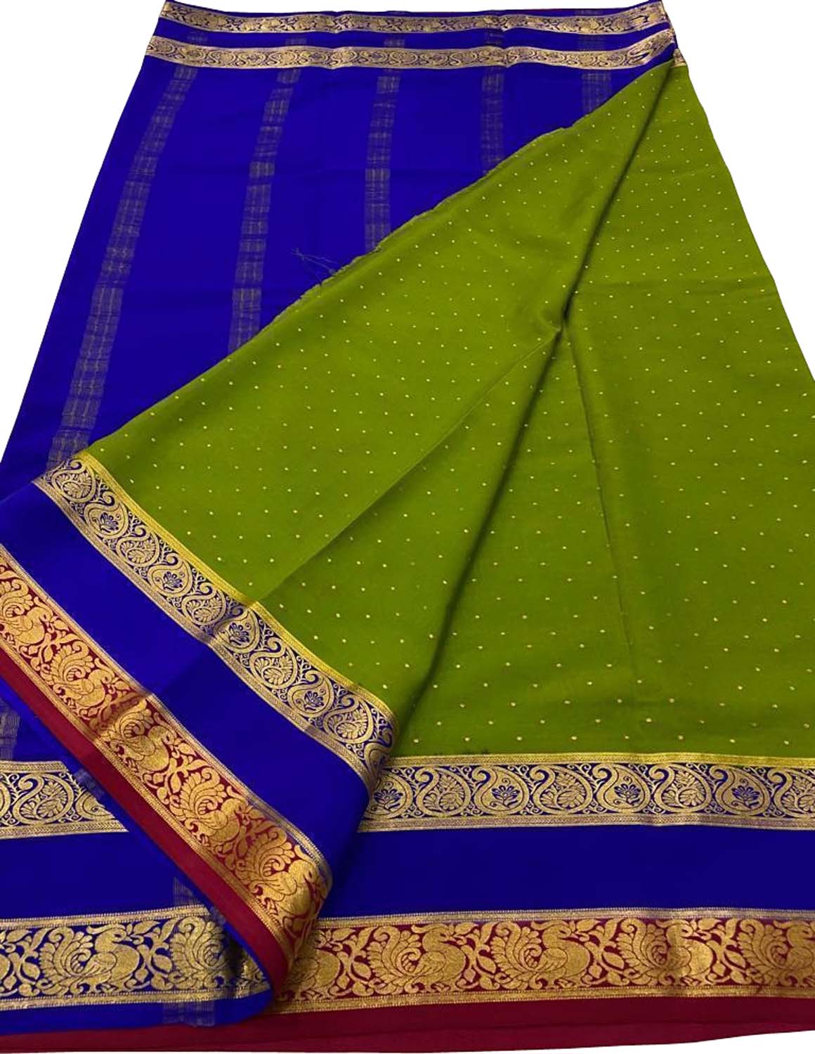 Stunning Green & Blue Mysore Crepe Silk Saree - Luxurion World