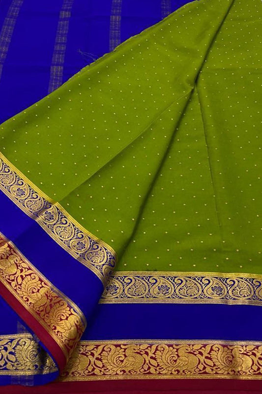 Stunning Green & Blue Mysore Crepe Silk Saree - Luxurion World