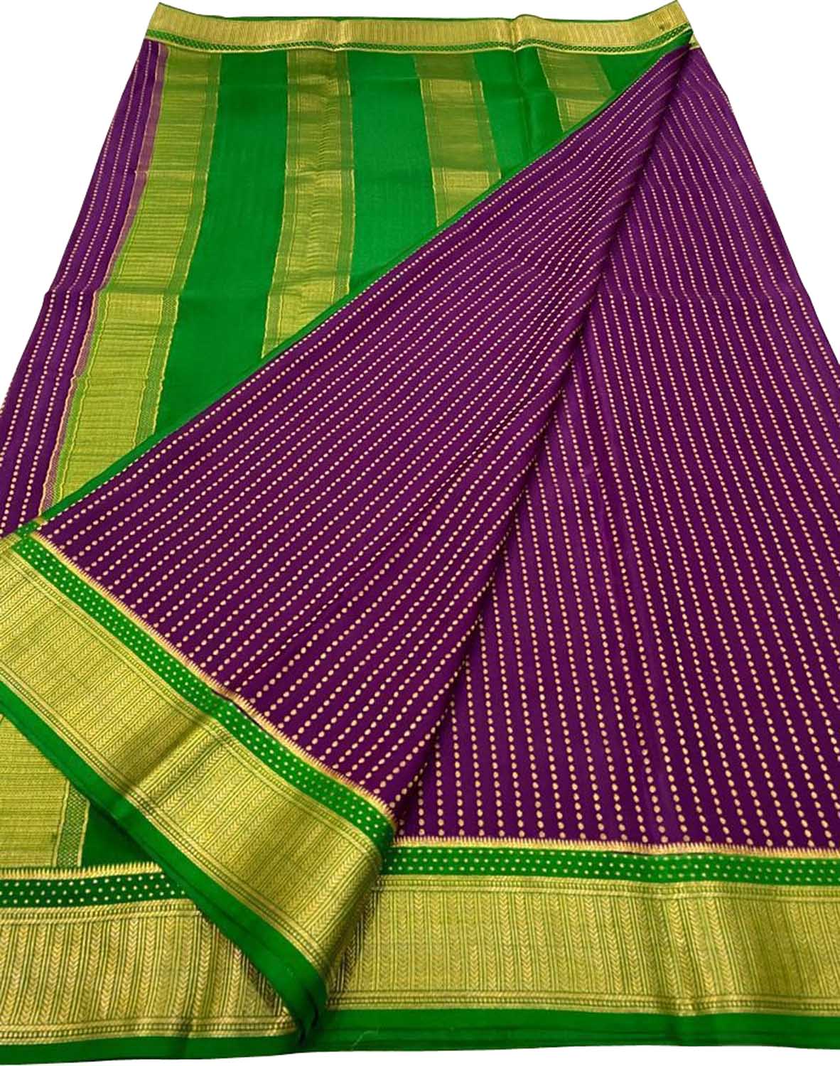 Vibrant Purple & Green Mysore Silk Saree - Luxurion World