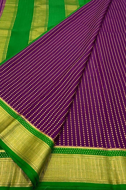 Vibrant Purple & Green Mysore Silk Saree - Luxurion World