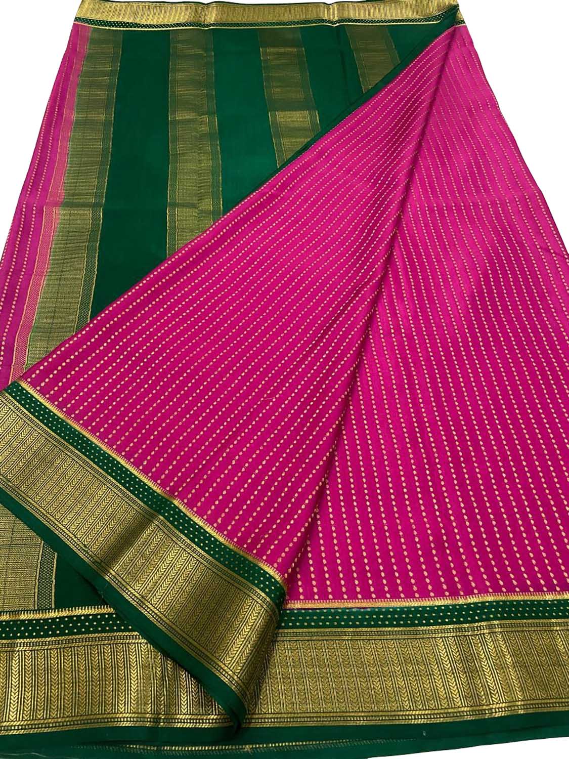 Stunning Pink & Green Mysore Crepe Silk Saree - Luxurion World