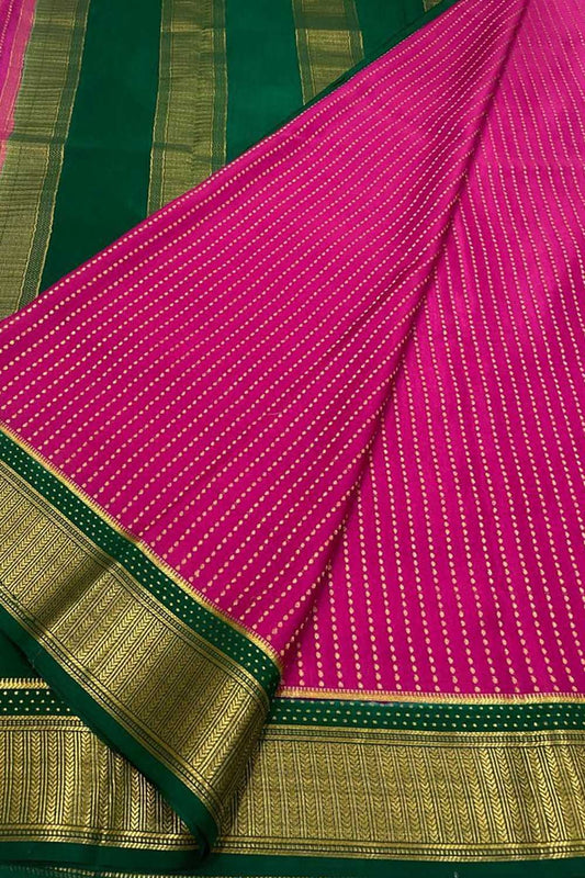 Stunning Pink & Green Mysore Crepe Silk Saree - Luxurion World