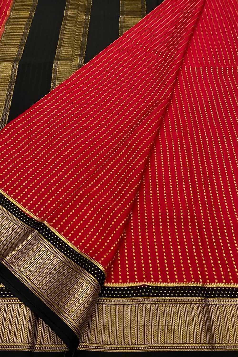 Stunning Red & Black Mysore Crepe Silk Saree - Luxurion World
