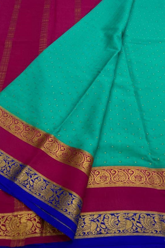 Blue & Pink Mysore Crepe Silk Saree - Handloom Beauty - Luxurion World